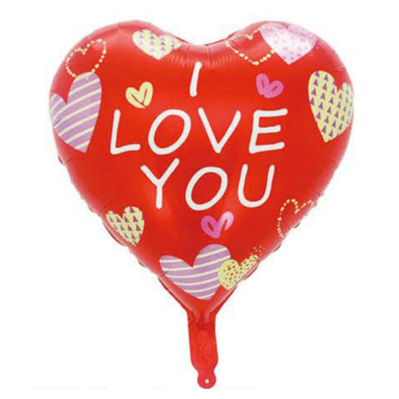 I Love You feliratos - Szív formájú piros, nagy szív mintás - Fólia Lufi - 45cm - Léggömb - Szerelmes Lufi - Szerelmes Ajándék