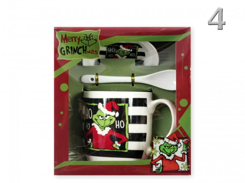 Karácsonyi bögre +alj +kiskanál Grinch 3dl fekete fehér csíkos grincs