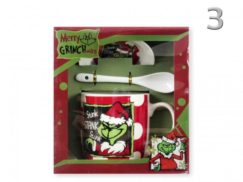 Karácsonyi bögre +alj +kiskanál Grinch 3dl piros fehér pöttyös feliratos grincs