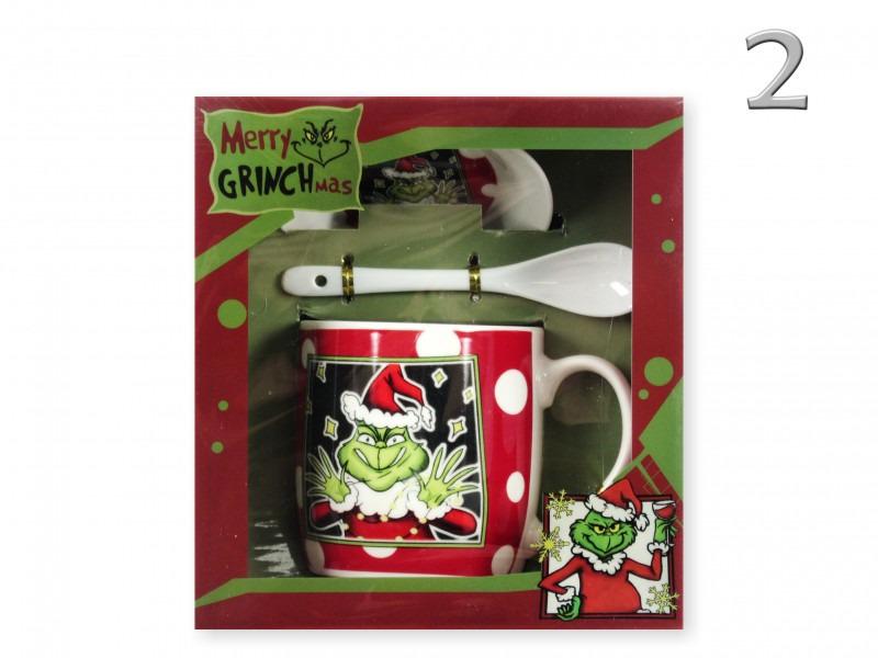 Karácsonyi bögre +alj +kiskanál Grinch 3dl piros fehér pöttyös grincs
