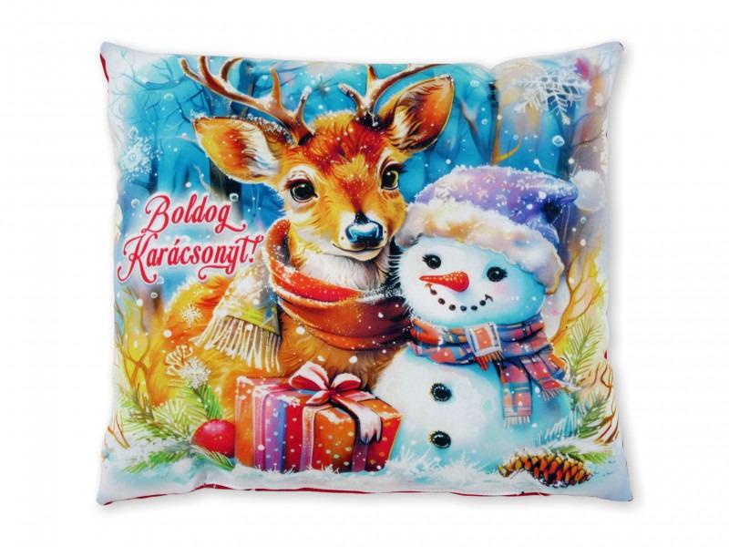 Karácsonyi díszpárna szarvas+hóember 30x26cm