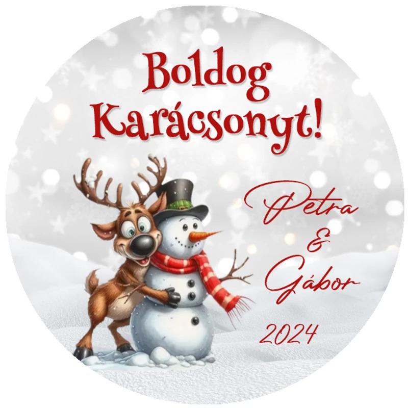 Karácsonyi matrica - Egyedi szöveggel ellátott személyre szabott- szarvas hóemberrel