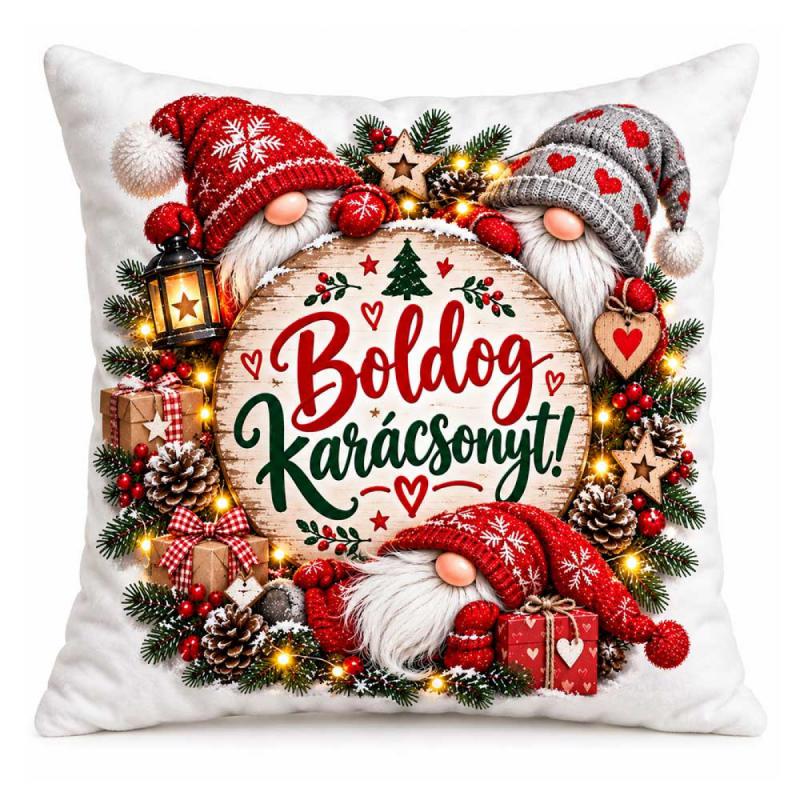 Karácsonyi Nagy Plüss Párna 45x45cm - Boldog Karácsonyt! Fehér Gnóm Manós Mintával