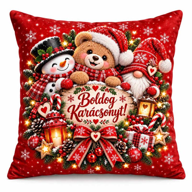 Karácsonyi Nagy Plüss Párna 45x45cm - Boldog Karácsonyt! Hóember, Maci és Gnóm Manós Mintával