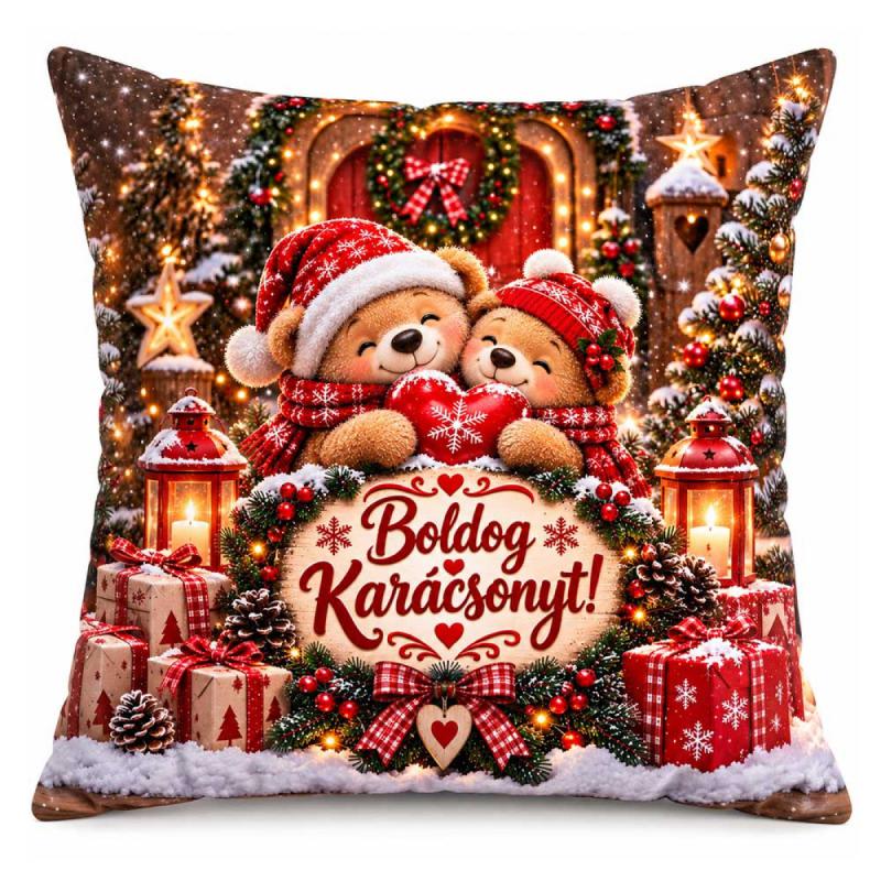 Karácsonyi Nagy Plüss Párna 45x45cm - Boldog Karácsonyt! Macipáros Mintával