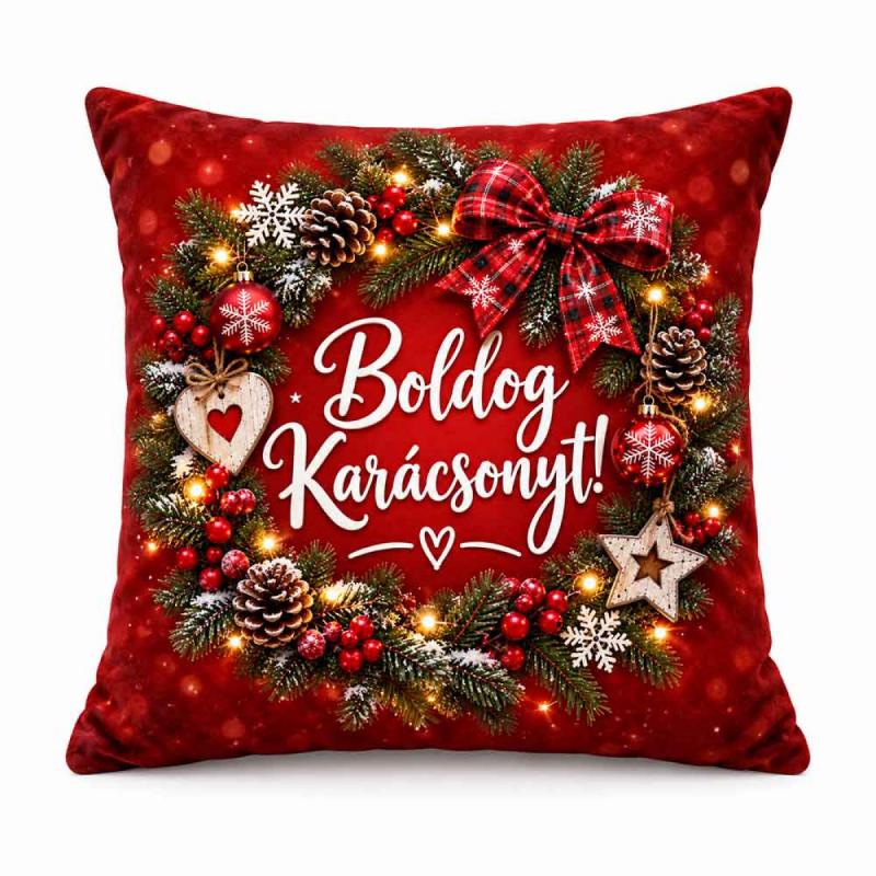 Karácsonyi Nagy Plüss Párna 45x45cm - Boldog Karácsonyt! Piros Ünnepi Mintával