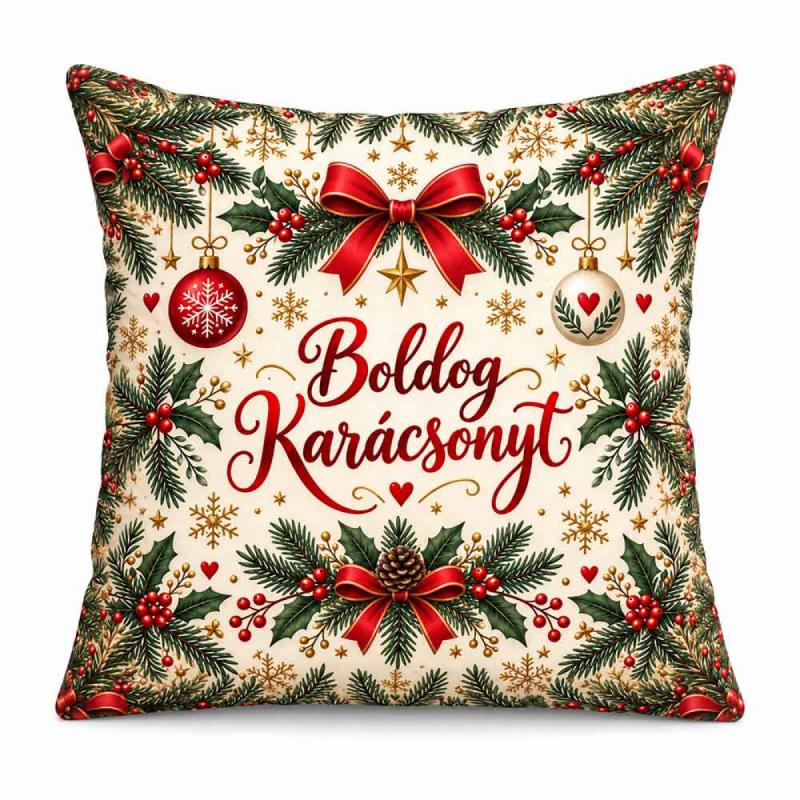 Karácsonyi Nagy Plüss Párna 45x45cm - Boldog Karácsonyt! Világos Ünnepi Mintával