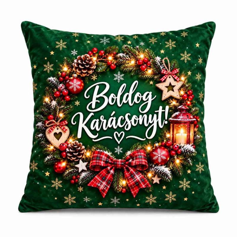 Karácsonyi Nagy Plüss Párna 45x45cm - Boldog Karácsonyt! Zöld Ünnepi Mintával