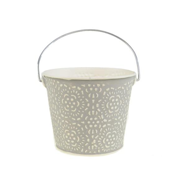 Kaspó fém 11.5/8.5*H9.5cm fogantyúval virág mintás szürke