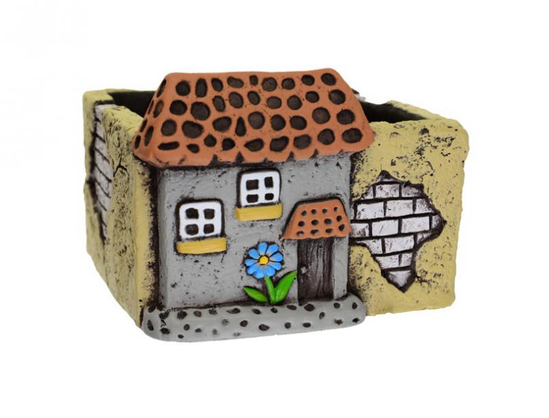 Kaspó kő szögletes 12.9*12.8*9cm házzal krém