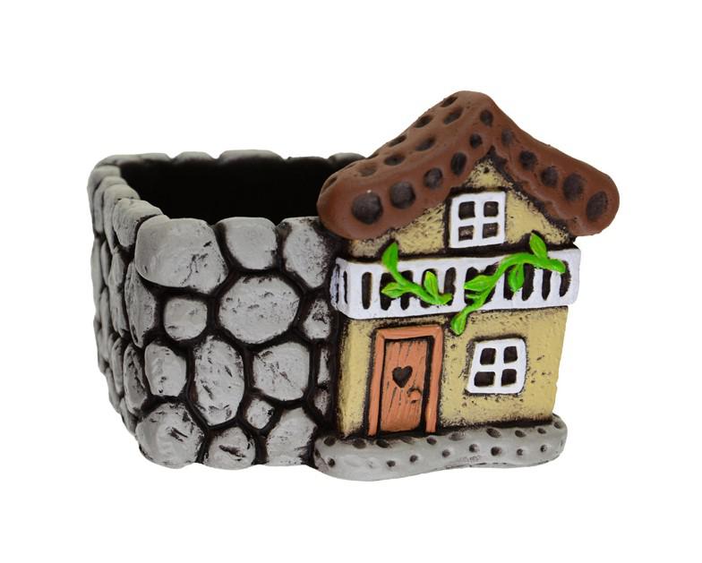 Kaspó kő szögletes 13.2*13*10.4cm házzal szürke