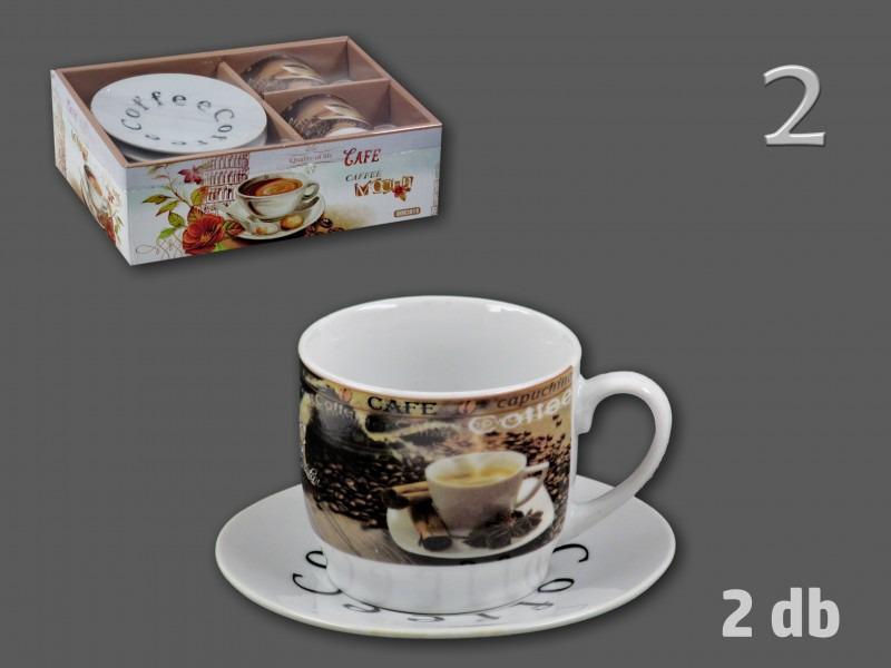 Kávéscsésze kistányérral 2 főre barna mintás