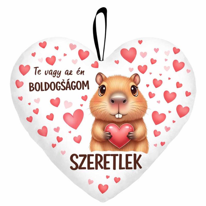Kicsi szív párna (25×21 cm) – „Te vagy az én boldogságom” kapibarás Valentin-napi ajándék