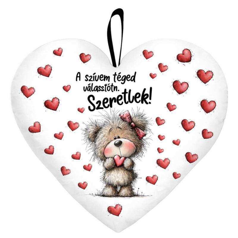 Kicsi szív párna (25×21 cm) „A szívem téged választott” macis Valentin-napi ajándék
