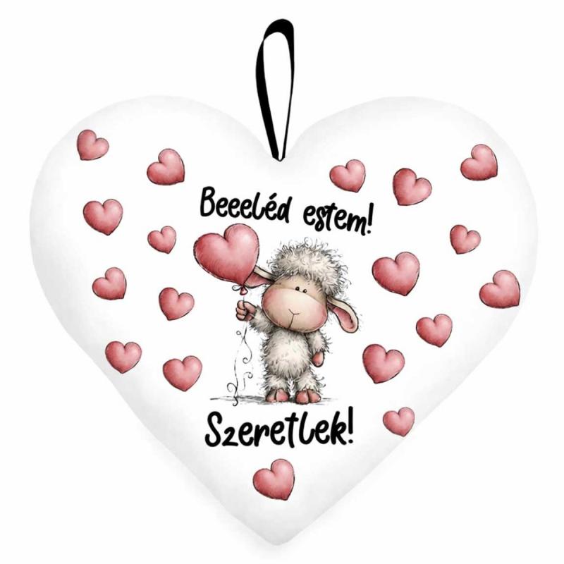 Kicsi szív párna (25×21 cm) „Beeeléd estem! Szeretlek!” bárányos Valentin-napi ajándék
