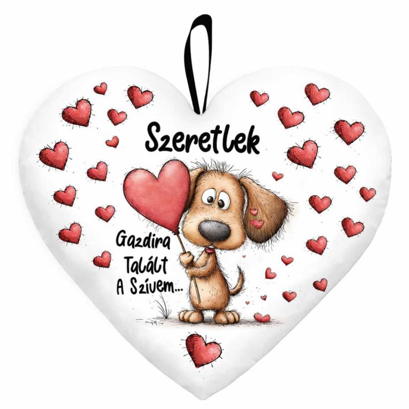 Kicsi szív párna (25×21 cm) „Gazdira talált a szívem” kutyás Valentin-napi ajándék