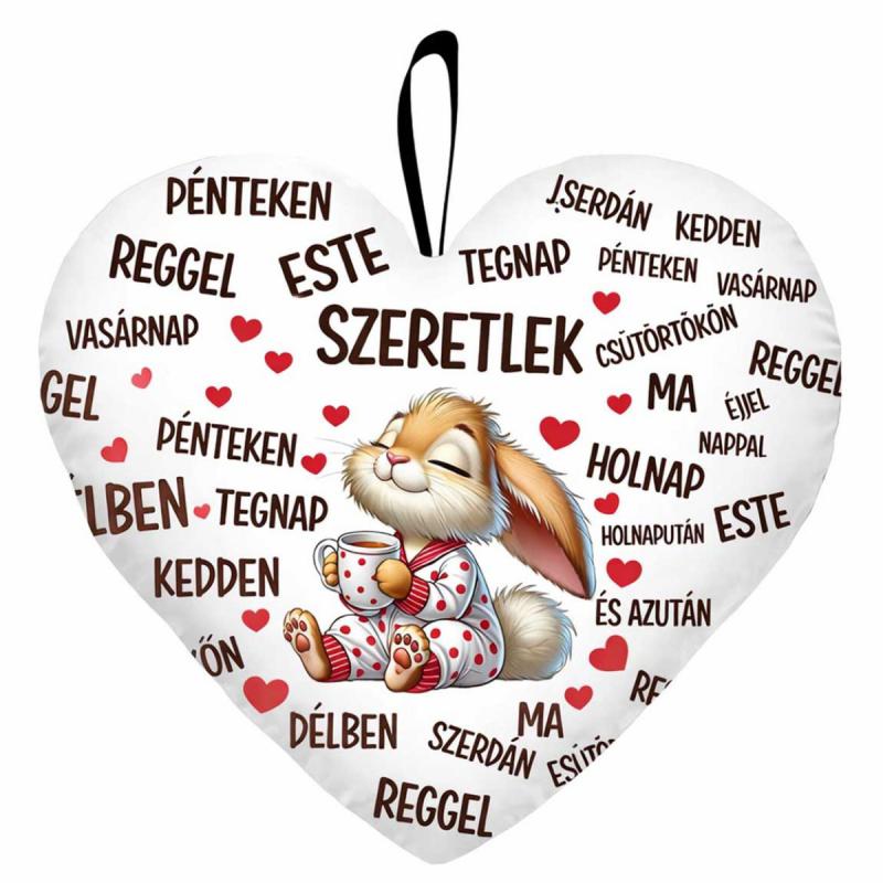 Kicsi szív párna (25×21 cm) „Szeretlek mindig” nyuszis Valentin-napi ajándék