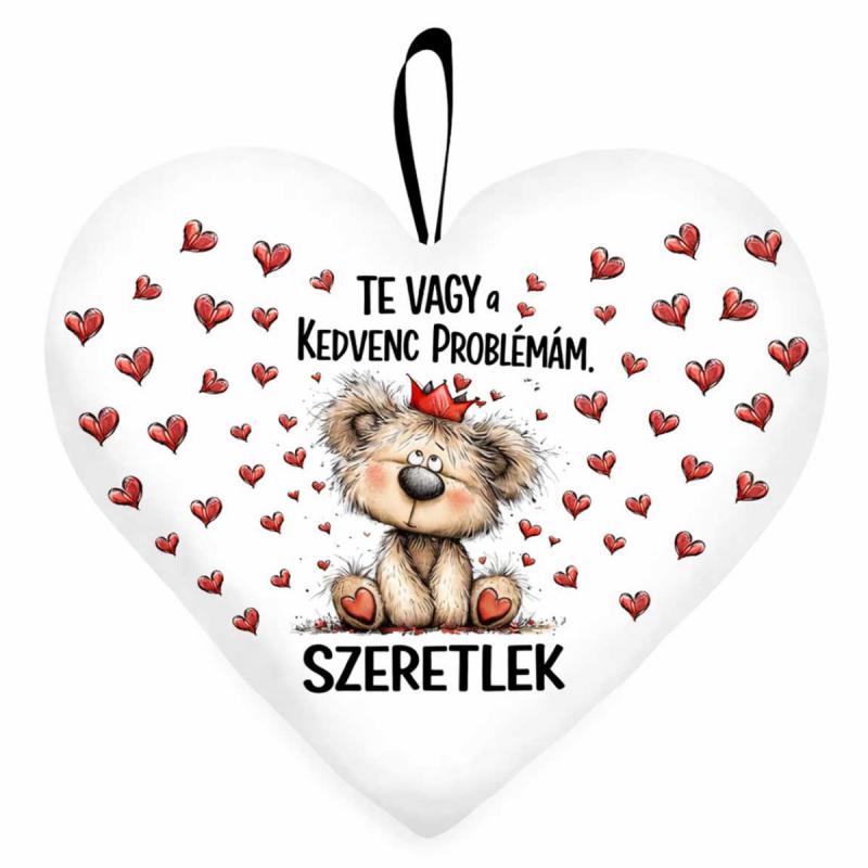 Kicsi szív párna (25×21 cm) Szeretlek „Te vagy a kedvenc problémám” koronás macis - Valentin Napi Ajándék