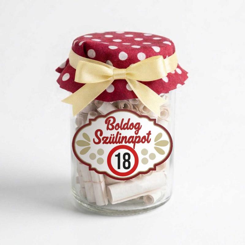 Kívánság Befőtt Születésnapra - 18. Boldog Szülinapot felirattal Piros - 18. Születésnapi Ajándék