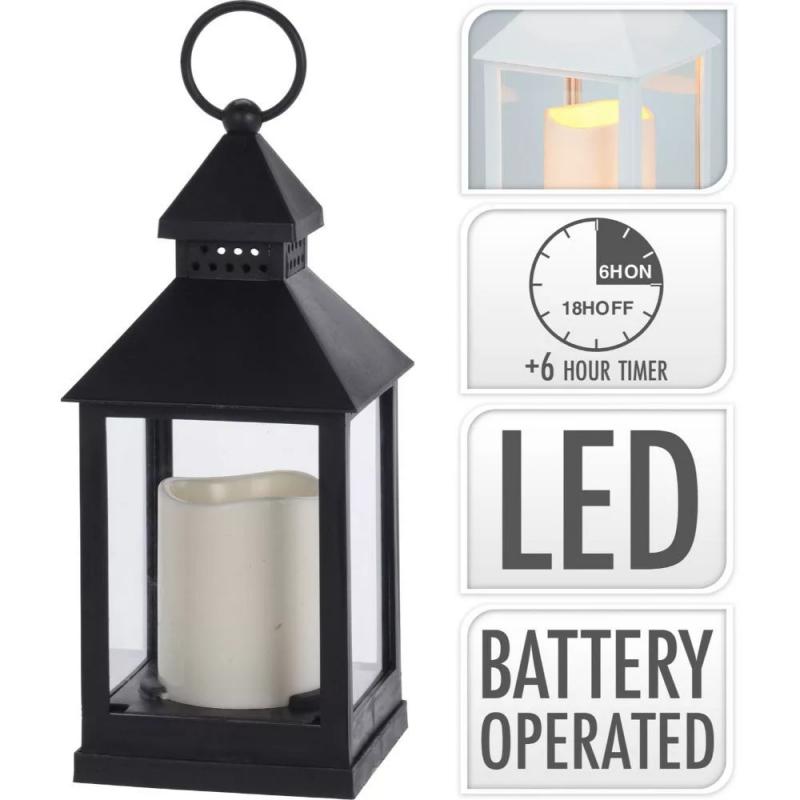 Lámpás LED-es gyertyával fekete (időzítős elemes) M23cm