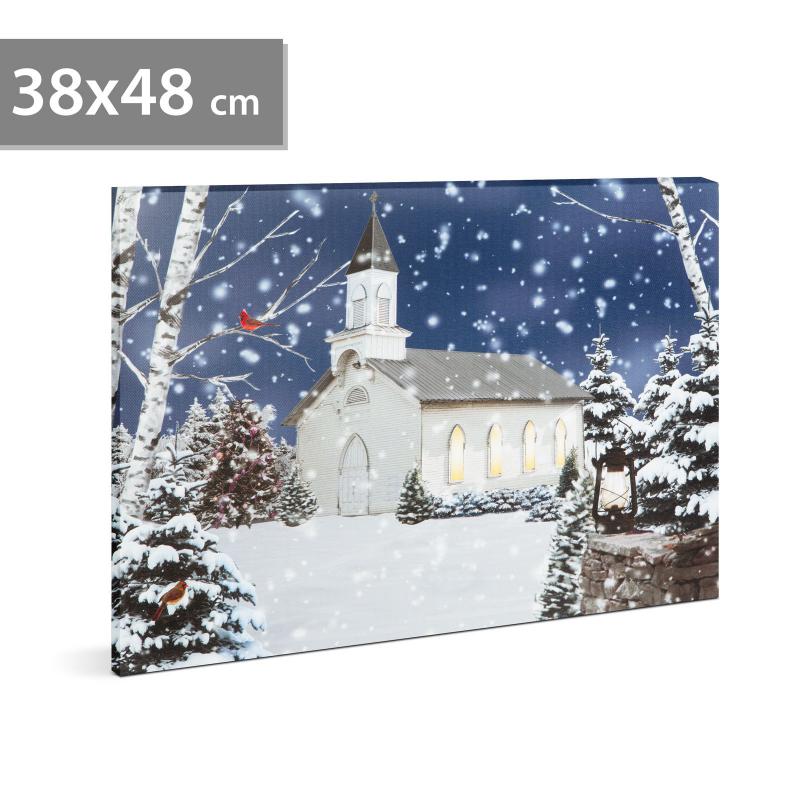 LED-es fali hangulatkép templom - téli táj - 2 x AA, 48 x 38 cm