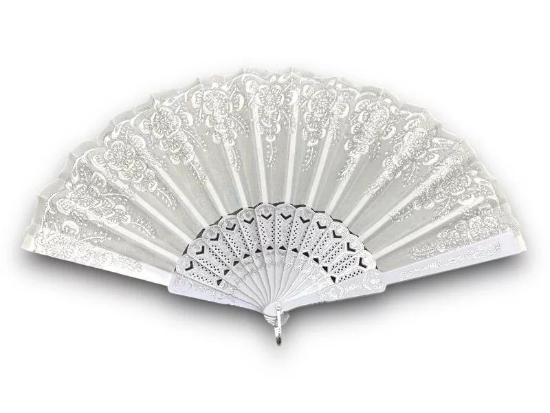 Legyező műanyag fehér virág mintával 42x23cm