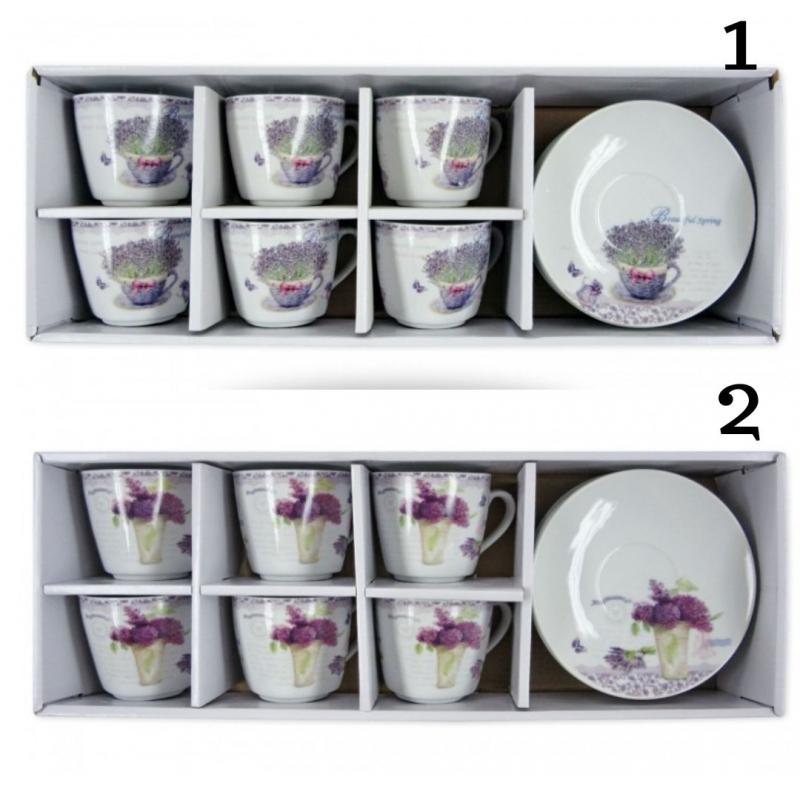 Levendulás kávés csésze és alj szett – 6+6 db fehér