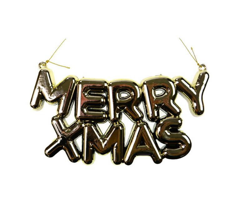Műanyag dekoráció – lufit formáló „Merry Xmas”, arany, 1,5×20×10 cm, akasztható