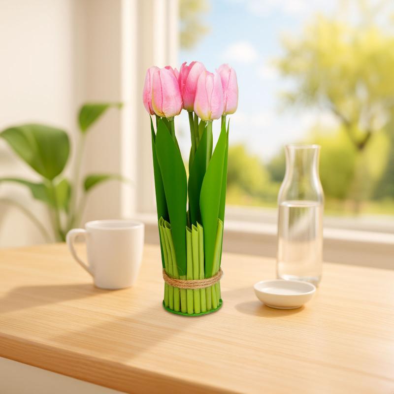 Műnövény dekoráció - tulipán - rózsaszín - 26 x 6,5 cm