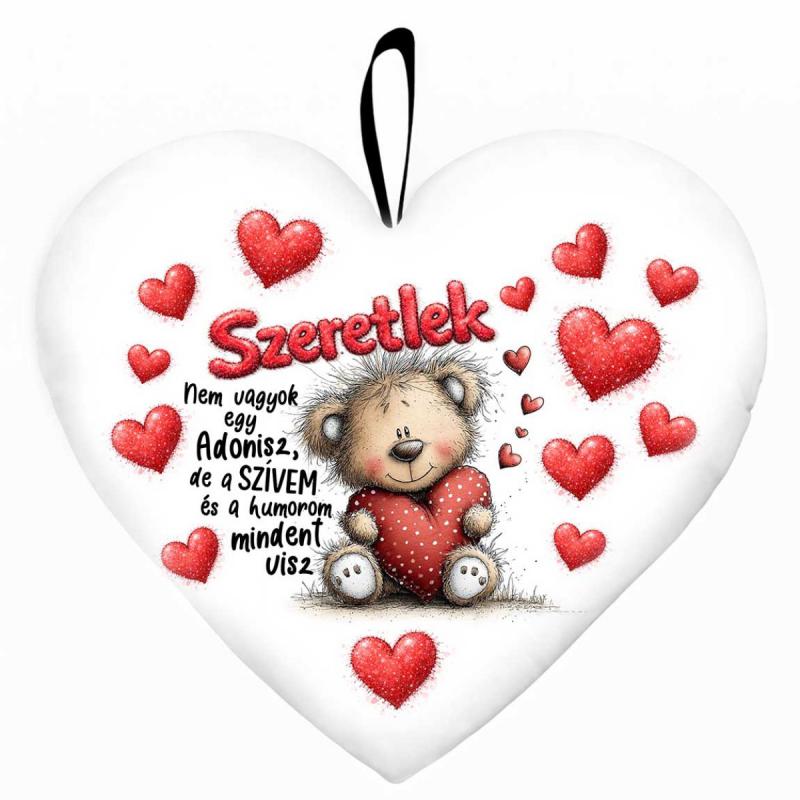 Nagy szív párna (45 cm) – „Nem vagyok egy Adonisz” macis párna | Valentin Napi Ajándék