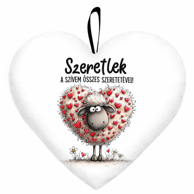 Nagy szív párna (45 cm) – Szeretlek a szívem összes szeretetével | Bárányos szerelmes ajándék valentin napra