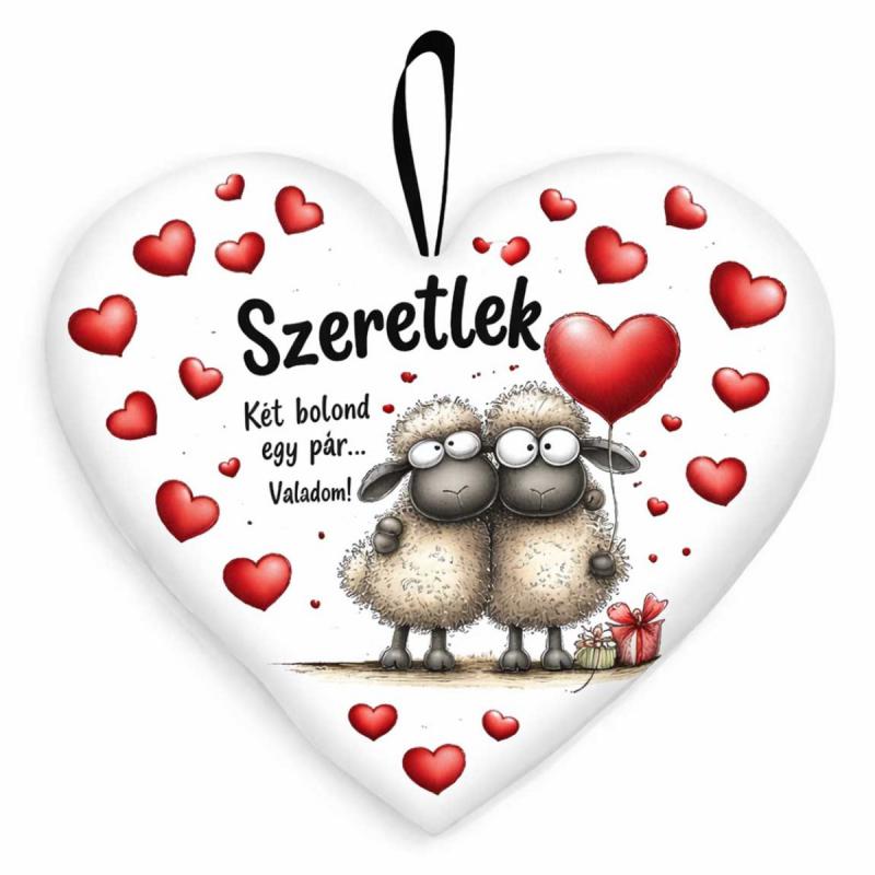 Nagy szív párna (45 cm) – Szeretlek, két bolond egy pár | Vicces bárányos szerelmes ajándék
