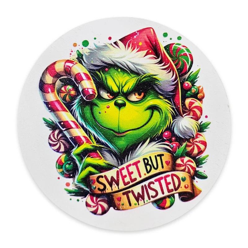 Nyomtatott fa tábla koszorú közép - Cukros grinch 14,8cm