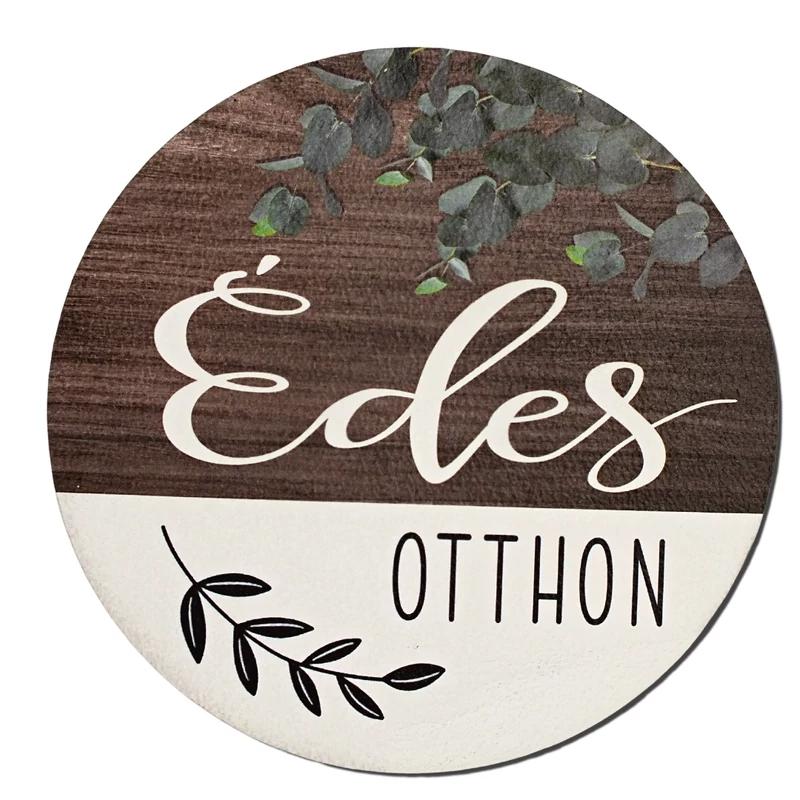 Nyomtatott fa tábla koszorú közép - Édes otthon eukaliptusz 14,8 cm