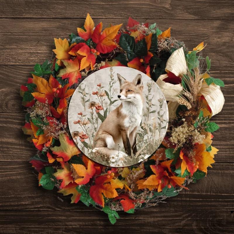 Nyomtatott fa tábla koszorú közép - Erdei állatok - róka 11,8cm