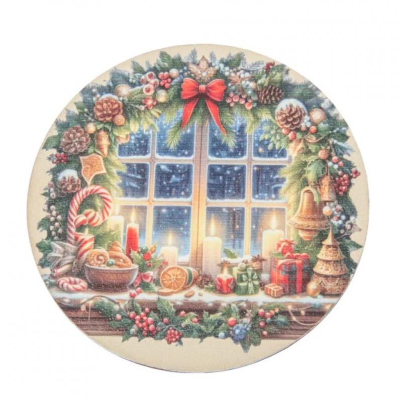 Nyomtatott fa tábla koszorú közép Karácsonyi ablak mintával 11,8cm