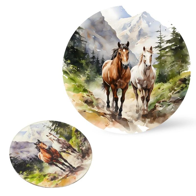 Nyomtatott fa tábla koszorú közép - Lovak hegyekben 11,8cm