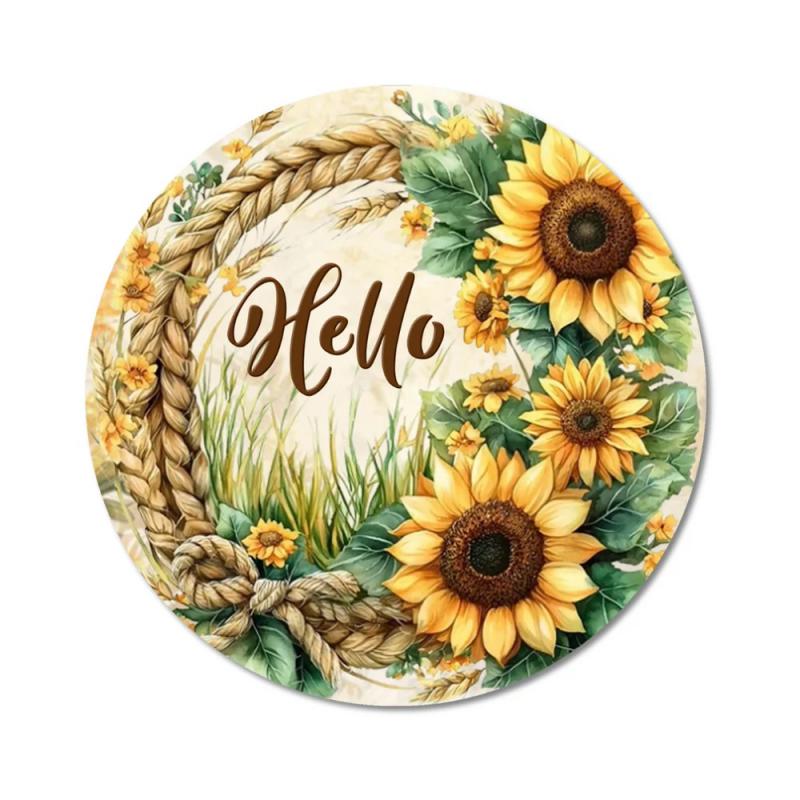 Nyomtatott fa tábla koszorú közép - Napraforgós Hello 11,8cm