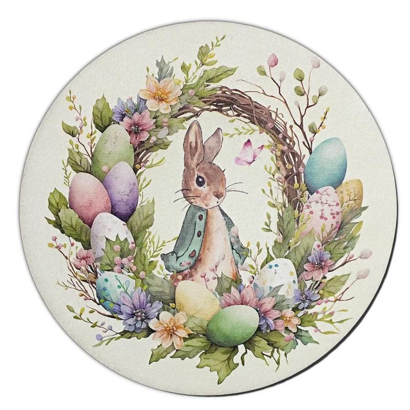 Nyomtatott fa tábla koszorú közép - Nyuszis koszorú tojásokkal 14,8cm