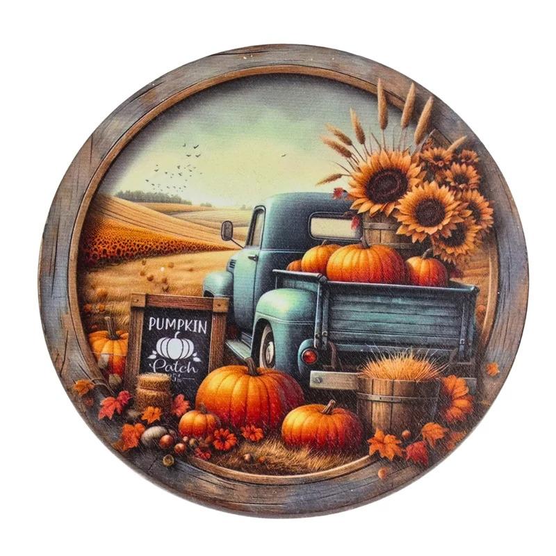 Nyomtatott fa tábla koszorú közép - Őszi táj kék teherautóval 14,8cm