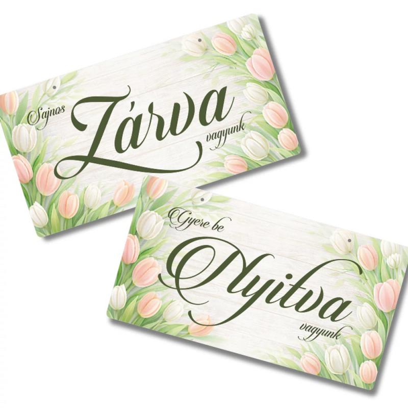 Nyomtatott fa tábla - Zárva-Nyitva 24,3x13cm - pasztell tulipános