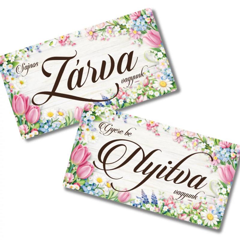 Nyomtatott fa tábla - Zárva-Nyitva 24,3x13cm - rózsaszín tulipános