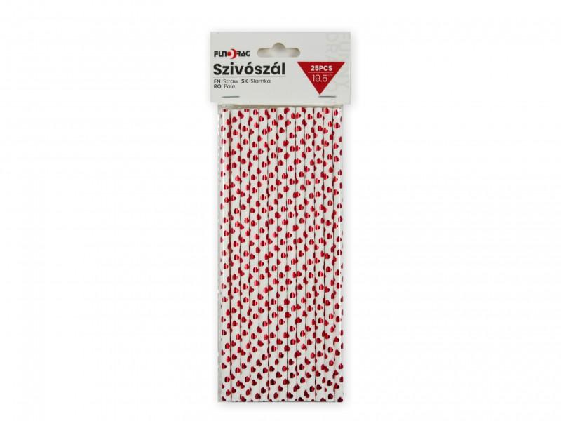 Papír szívószál piros szíves 25db 19,5cm
