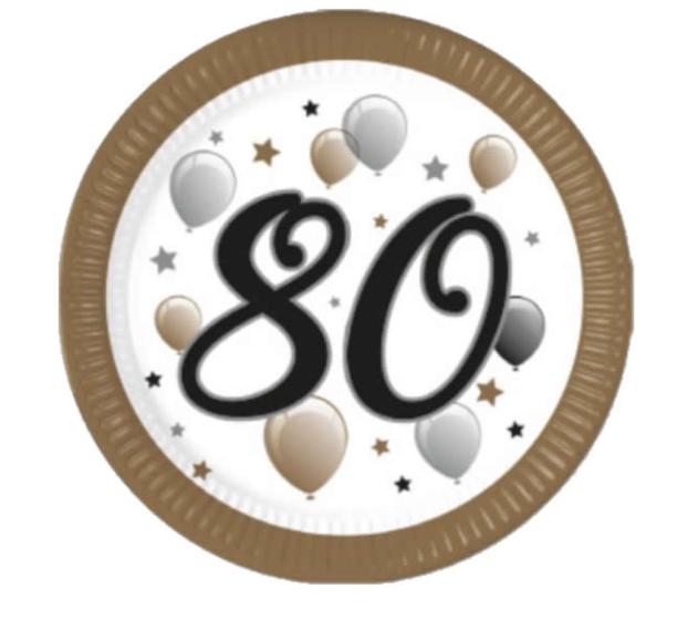 Papír tányér, 80. arany-ezüst lufis, 23 cm 8 db/cs