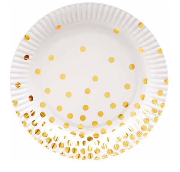 Papír tányér fehér, arany pöttyös, 18cm, 6 db/cs