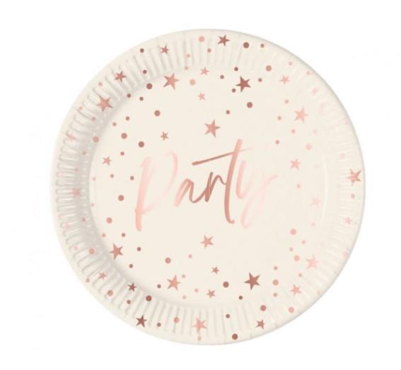 Papír tányér fehér, rose gold csillagos, 23 cm, 8 db/cs