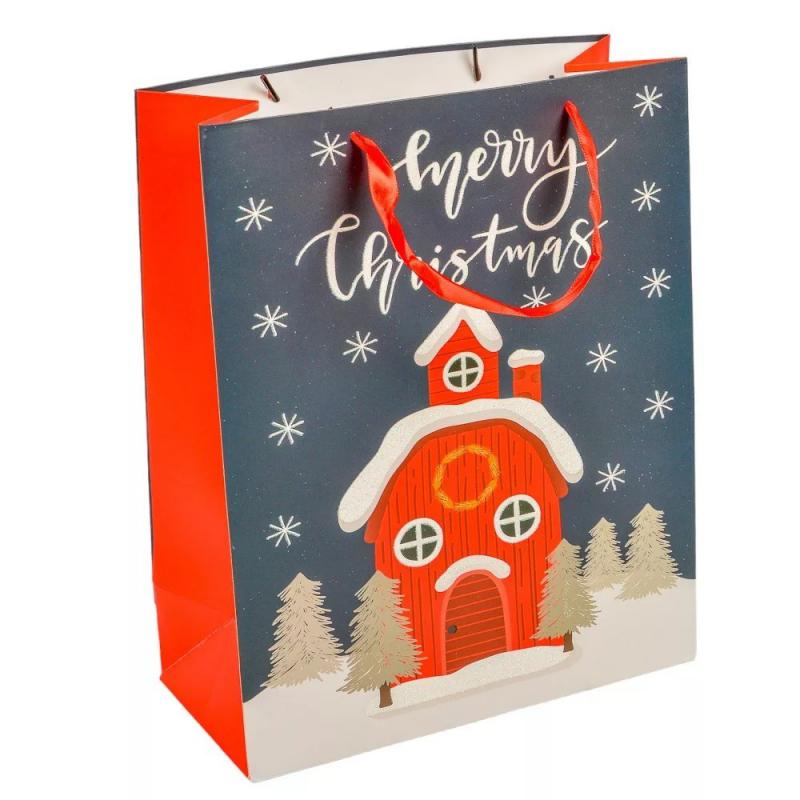 Papír tasak glitteres téli házikóval 26x32cm