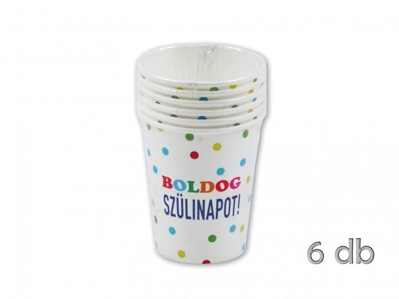 Papírpohár Boldog Szülinapot fehér pöttyös 6db 250ml