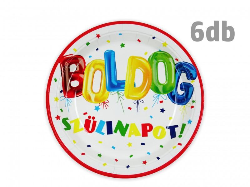 Papírtányér Boldog Szülinapot 6db 22,5cm színes
