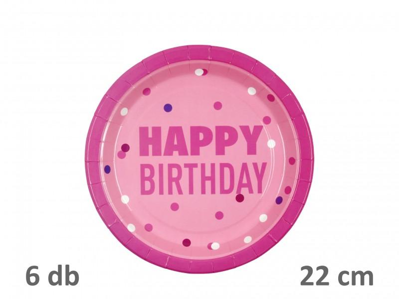 Papírtányér Happy Birthday rózsaszín 6db 22cm